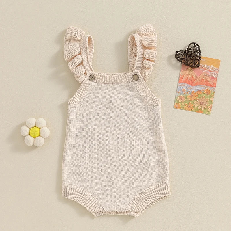 Infant Baby Girl Sleeveless Knit Romper Embroidery Floral Strappy Sweater Romper Bodysuit Pullover