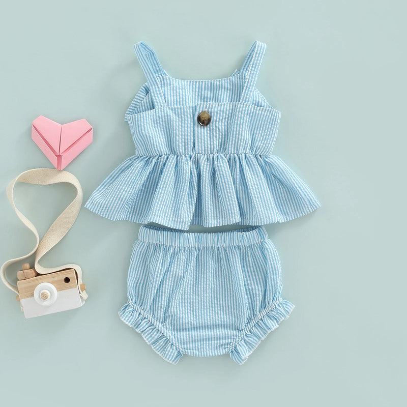 Infant Baby Girls Shorts Set Striped Print Big Bow Embellished Sleeveless Sling Tops + High Waist Stretch Shorts