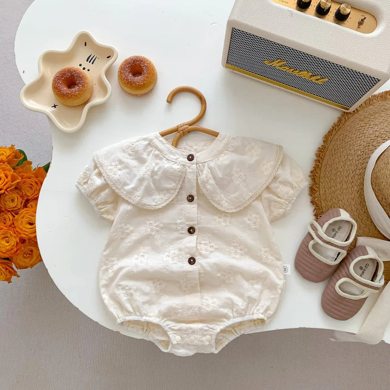 2024 Summer New Baby Girl Short Puff Sleeve Rompers Solid Newborn Clothes Girls Jumpsuit Square Neck Embroidery Bubble Romper