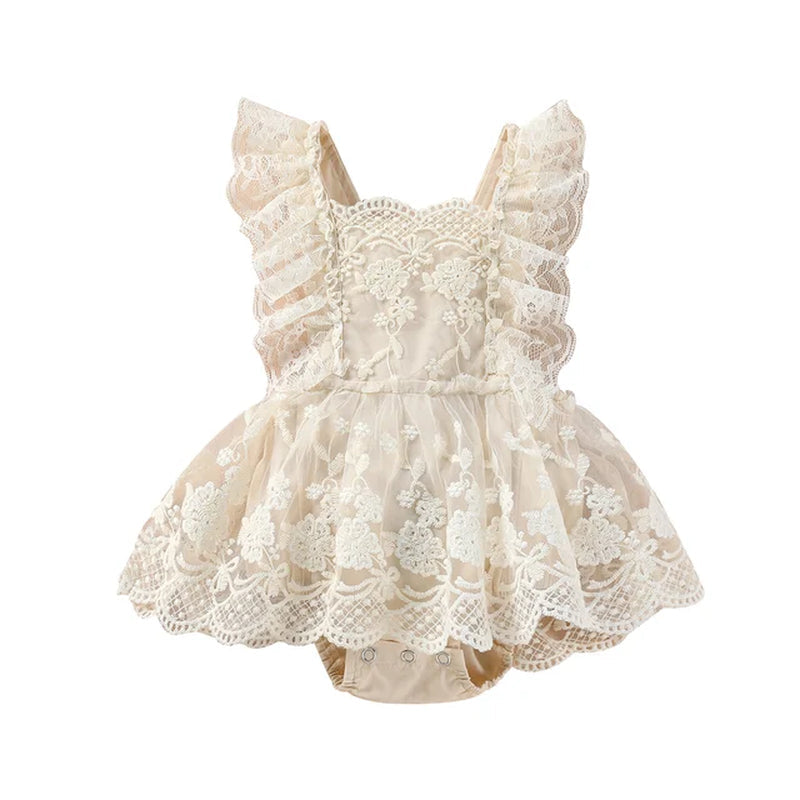 Baby Girls Princess Romper Plain Floral Lace Embroidery Skirt Layered Adjustable Straps Snap Bottom Jumpsuit