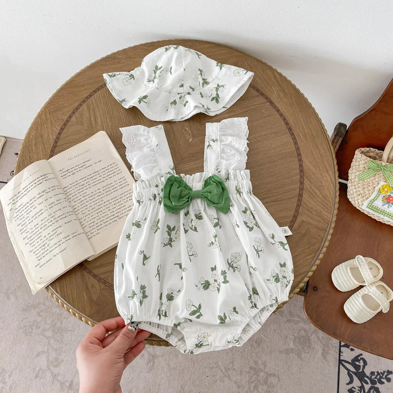 Summer Newborn Bodysuit Baby Jumpsuit Girls Lace Short Sleeves Floral Prints Cute Bow Romper with Hat 0-2Yrs