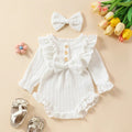 Baby Girls Cute Romper Set with Long Sleeveless Ruffled Tops & Suspender Dress & Bow Headband 2Pcs