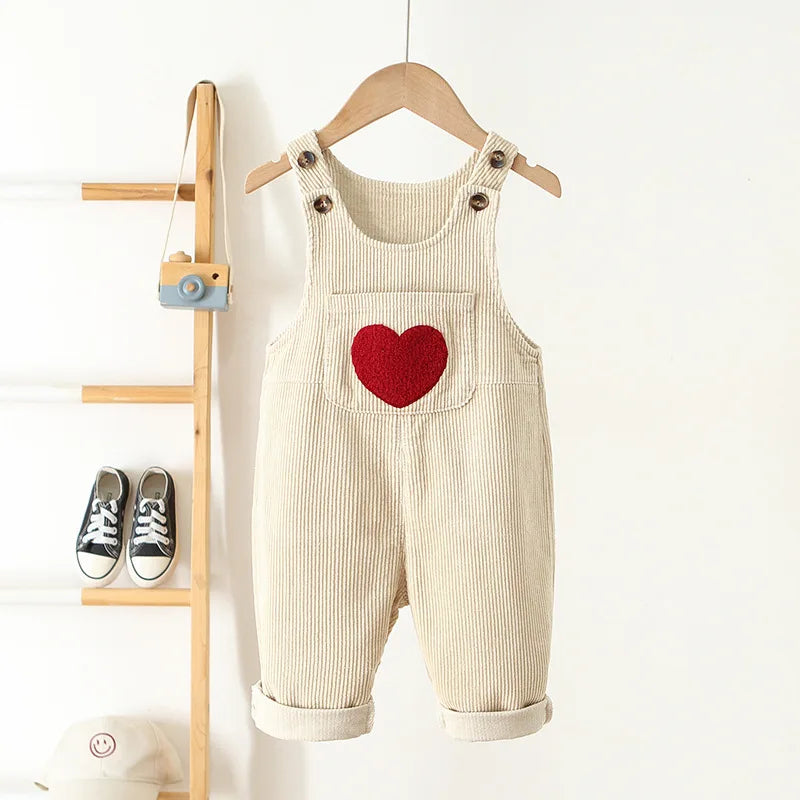 1-4Y Spring Kids Baby Clothes Heart Embroidery Baby Boys Girls Bib Pants Solid Overalls Corduroy Casual Suspender Outwear