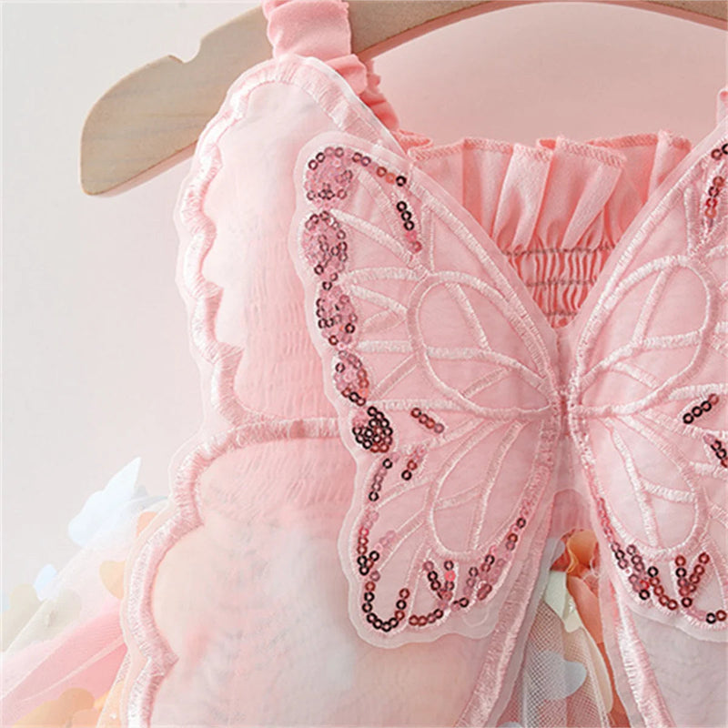 Summer Girls' Princess Party Birthday Dress Back Bow Wings Fairy Strap Embroidered Butterfly Mesh Dress