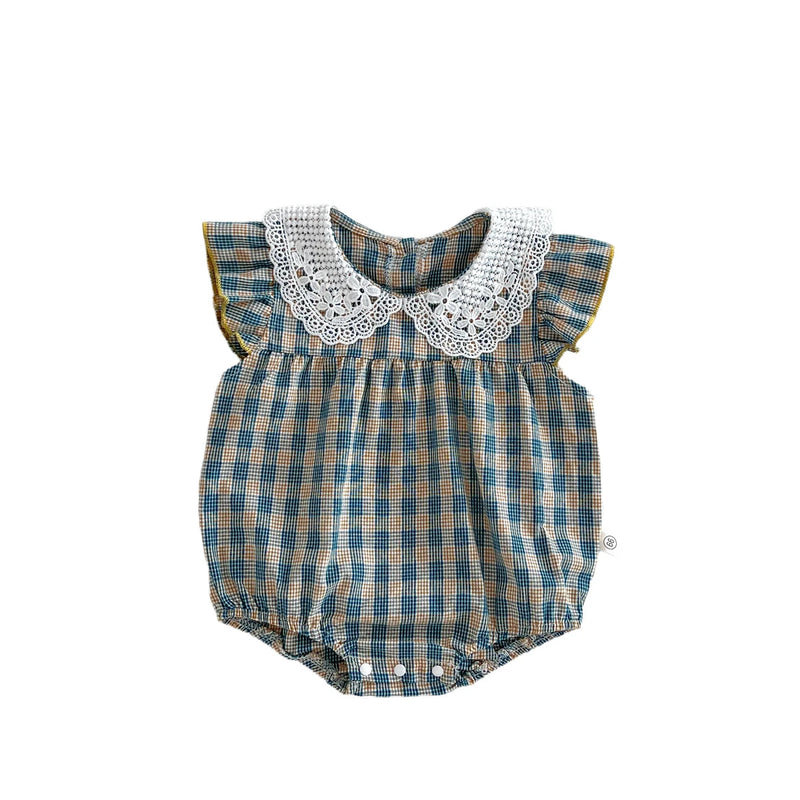 Summer Baby Girls Jumpsuit Lacy Blue Plaid Short Sleeve Infant Bodysuit Baby Clothes 0-24 Months Casual and Versatile Style