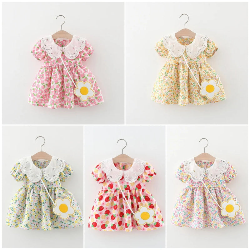 Summer Baby Dress 2 Pieces/Set Cute Bag and 0-3 Year Old Newborn Beach Dress for Toddlers Sweet Short Sleeved Clothes