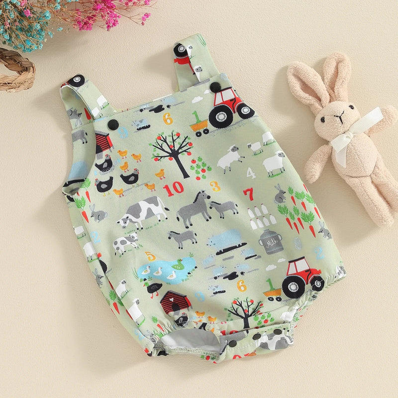 0-12M Newborn Baby Boys Girls Cute Romper Sleeveless Farm Animal Print Overalls Jumpsuits Summer Outfit