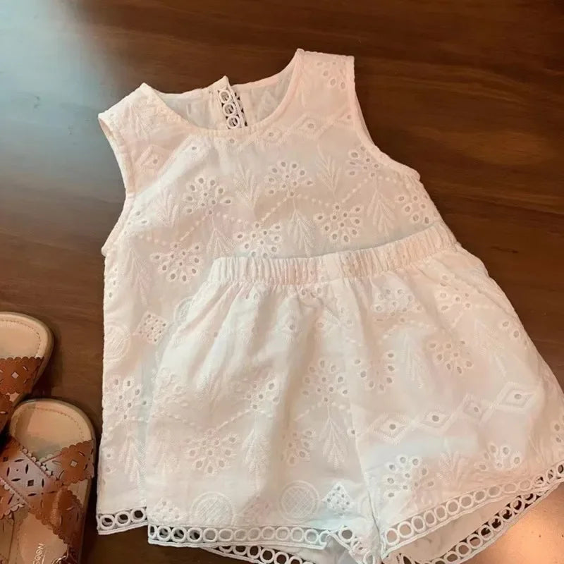 2023 Summer Children Baby Girl 2PC Clothes Set Cotton Hollow Lace Sleeveless Vest Elastic Waist Shorts Suit Toddler Girls Outfit