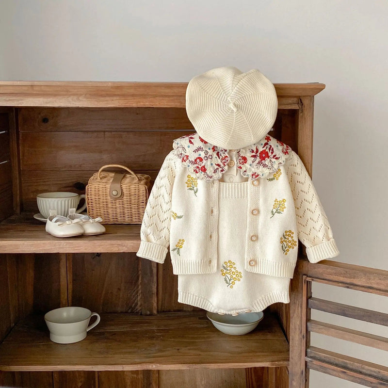 Spring Baby Girl'S Treasure Embroidered Hollow Long Sleeved Knitted Coat+Flower Knitted Romper 2 Pieces Can Be Sorted