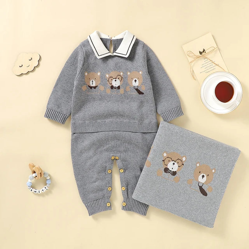 Newborn Baby Clothing Set 100%Cotton Knit Infant Girl Boy Romper +Blanket Cute Bears Toddler Long Sleeve Jumpsuit +Bedding Quilt