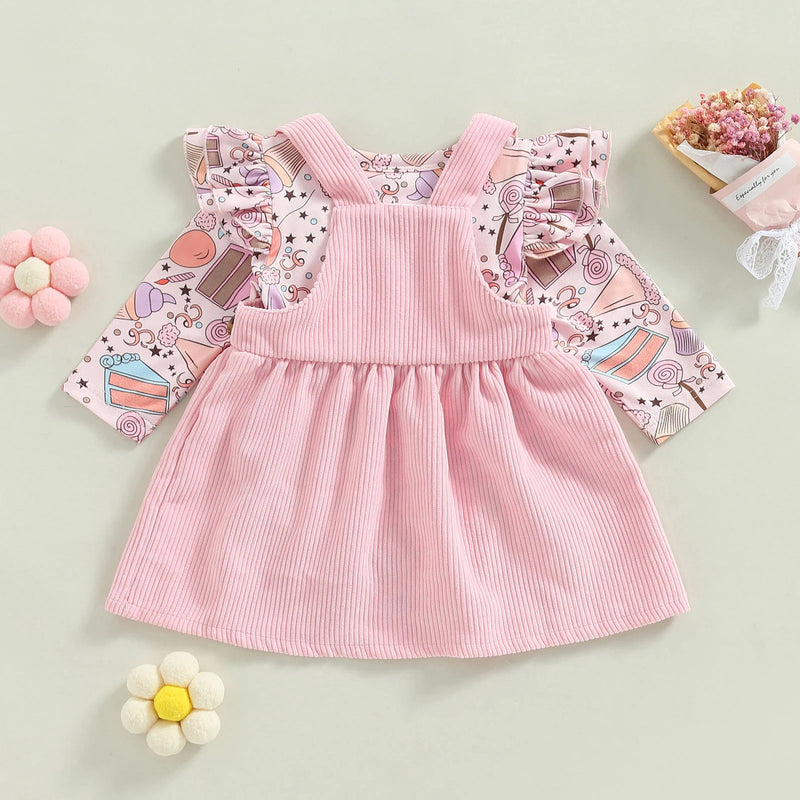 Infant Newborn Baby Girls Dress 2Pcs Set, Long Sleeve Rabbit Flower Print Romper + Heart Patchwork Suspender Dress