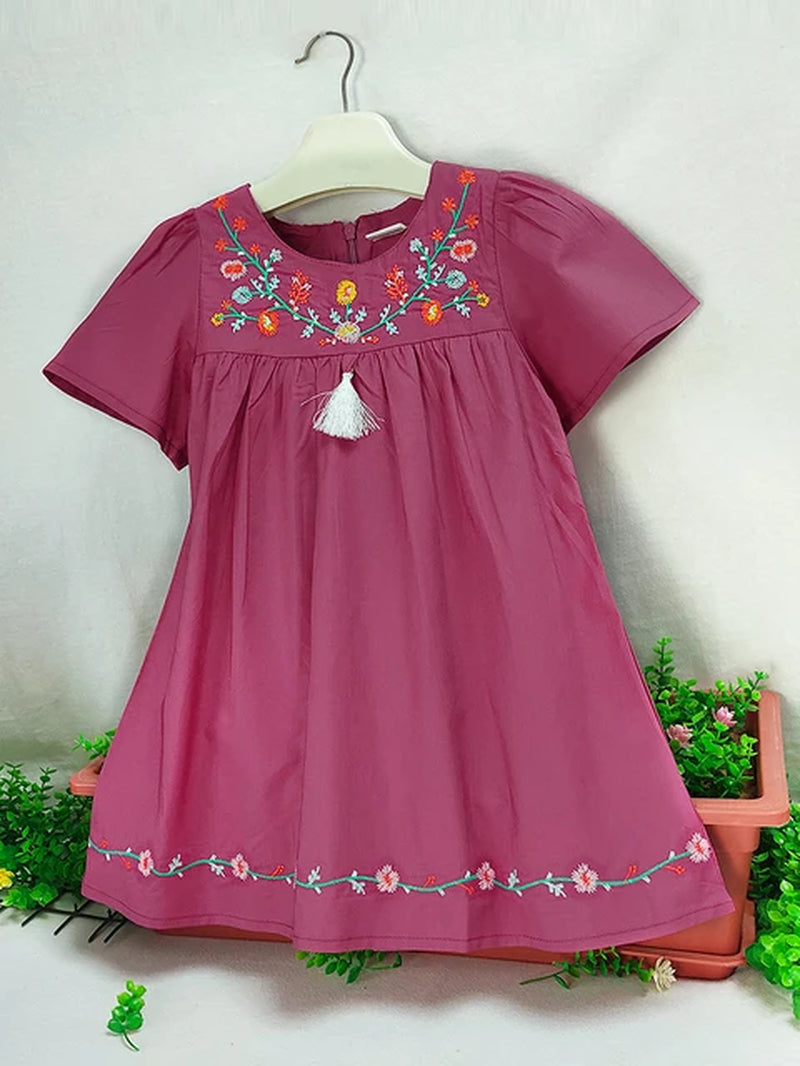 Toddler Girls Short Sleeve Flowers Embroidered Cotton Casual Princess Dress for Party Kids Summer Clothes