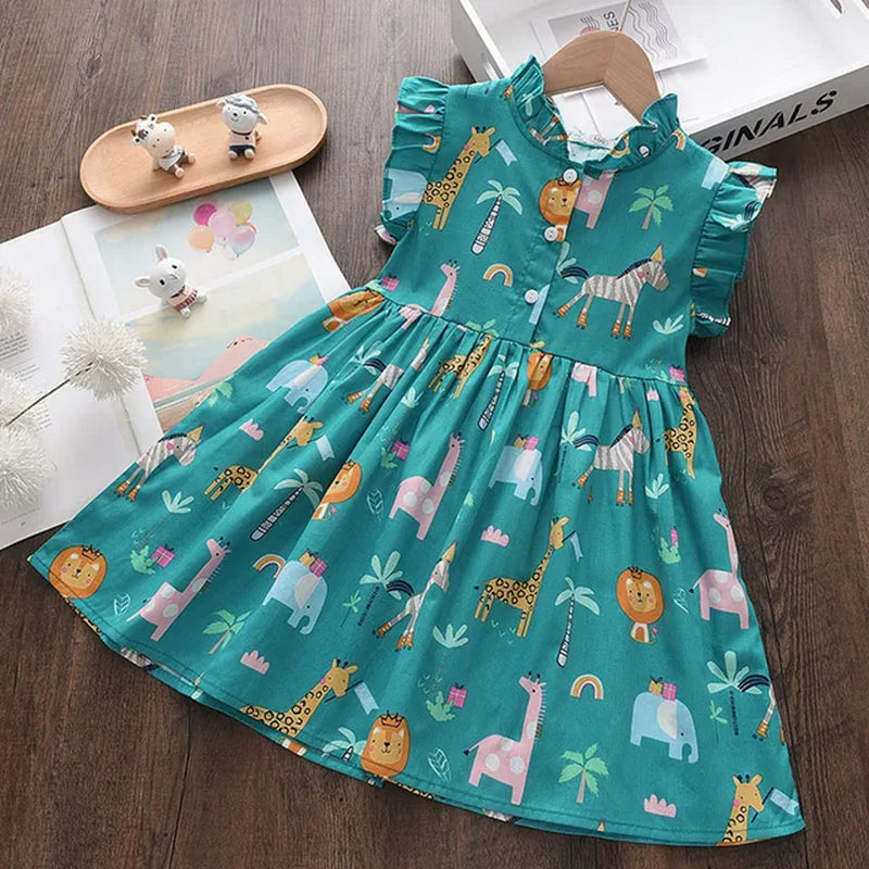 Cartoon Print Baby Girls Princess Dress New Fashion Summer Floral Toddler Kid Party Clothes Children Vestido