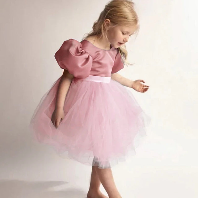 Cute Girl Princess Dress Little Girl Puff Sleeve Gala Tutu Gown Kids Birthday Bow Outfits Flower Girl Wedding Party Clothes 3-8T