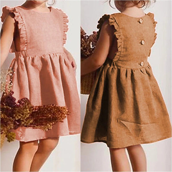 Girl Summer Lovely Dress 0-6Y Toddler Ruffle Sleeve Linen Cotton A-Line Party Dresses for Children Solid Casual Clothing