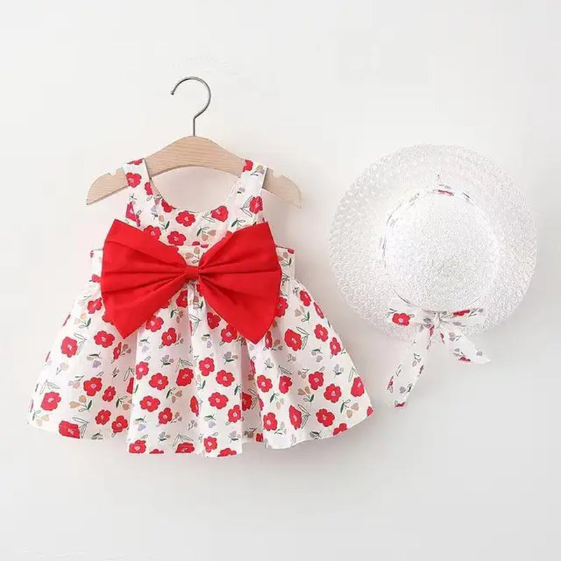 New Girl Floral Dress Sweet Summer Bow Toddler Beach Dress for Children Aged 0 to 3 Newborn Clothing+Hat Set of 2 Pieces