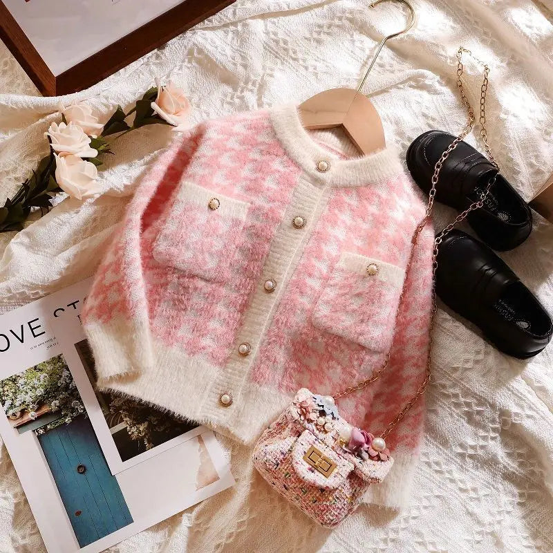 Girls' Autumn Winter Y2K Sweet Houndstooth Cardigan Long Sleeve Kawaii Kids Sweater Fashion Lively Cute Korean Children'S Tops