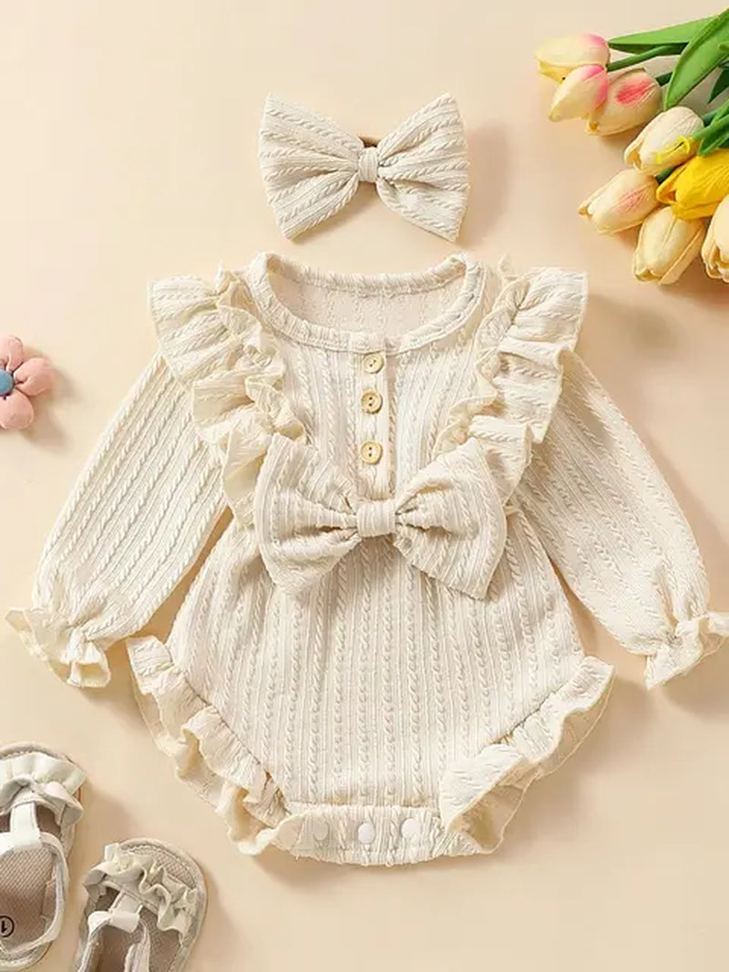 Baby Girls Cute Romper Set with Long Sleeveless Ruffled Tops & Suspender Dress & Bow Headband 2Pcs