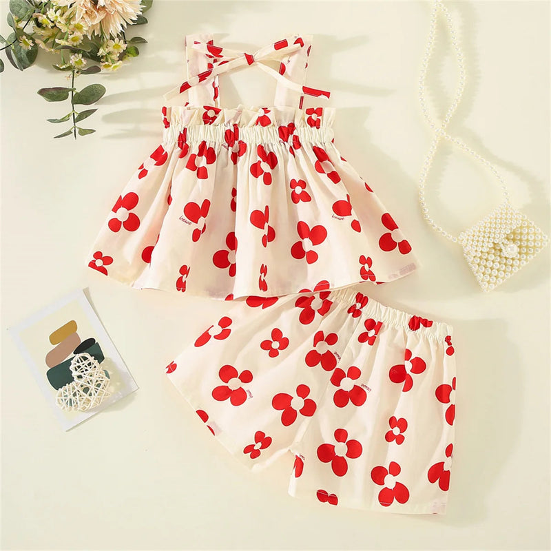 Summer Preschool Girls 0-3 Years Old Sweet Printed Bow Decorative Strap Top and Shorts 2 Pieces/Set