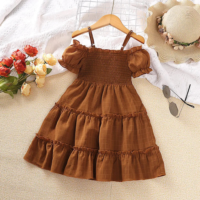 2023 New Kids Dress for Girls 4-7 Years Brown Strap off Shoulder Short Sleeved Dress Casual Style Vacation Holiday Clothes