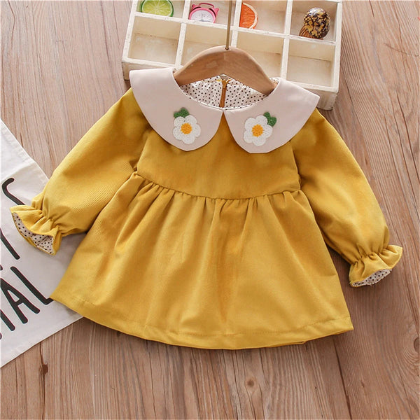 Spring and Autumn Baby Girl'S Daily Dress with Hu Duo Embroidered Doll Collar Color Block Long Sleeves Sweet and Simple Korean