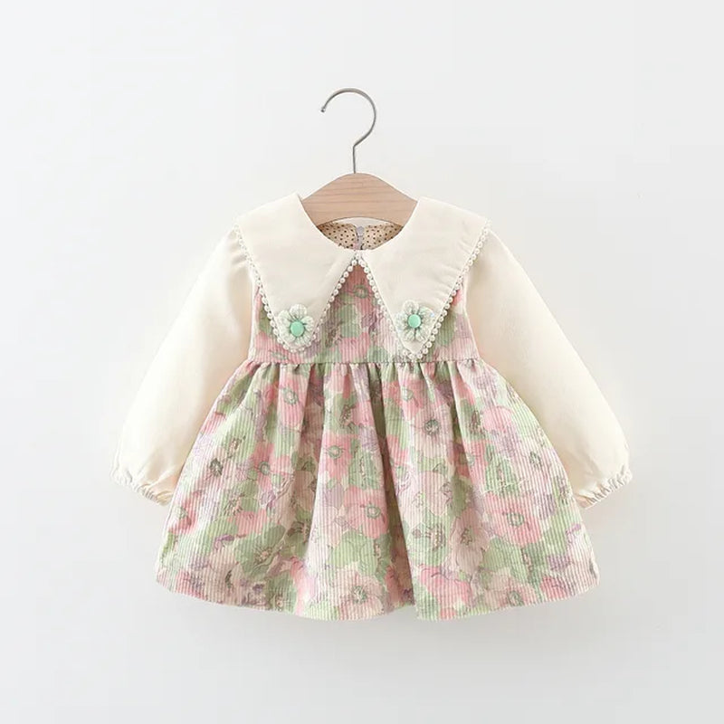 Spring Autumn Newborn Girls Clothes Korean Fashion Doll Collar Flowers Cute Long Sleeve Cotton Baby Dresses Kids Dress BC1473-1