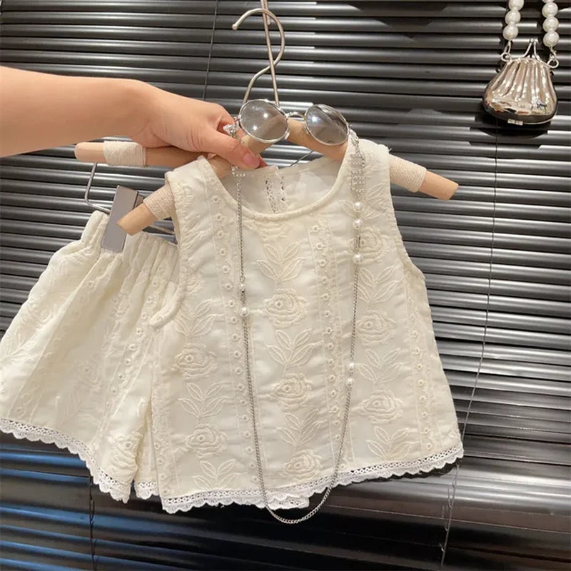 2023 Summer Children Baby Girl 2PC Clothes Set Cotton Hollow Lace Sleeveless Vest Elastic Waist Shorts Suit Toddler Girls Outfit