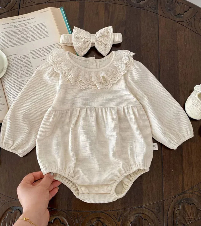 2PCS  Spring Baby Clothes Lace Collar Infant Bodysuit One Piece Toddler Cute Princess Outfit Clothing for Newborns