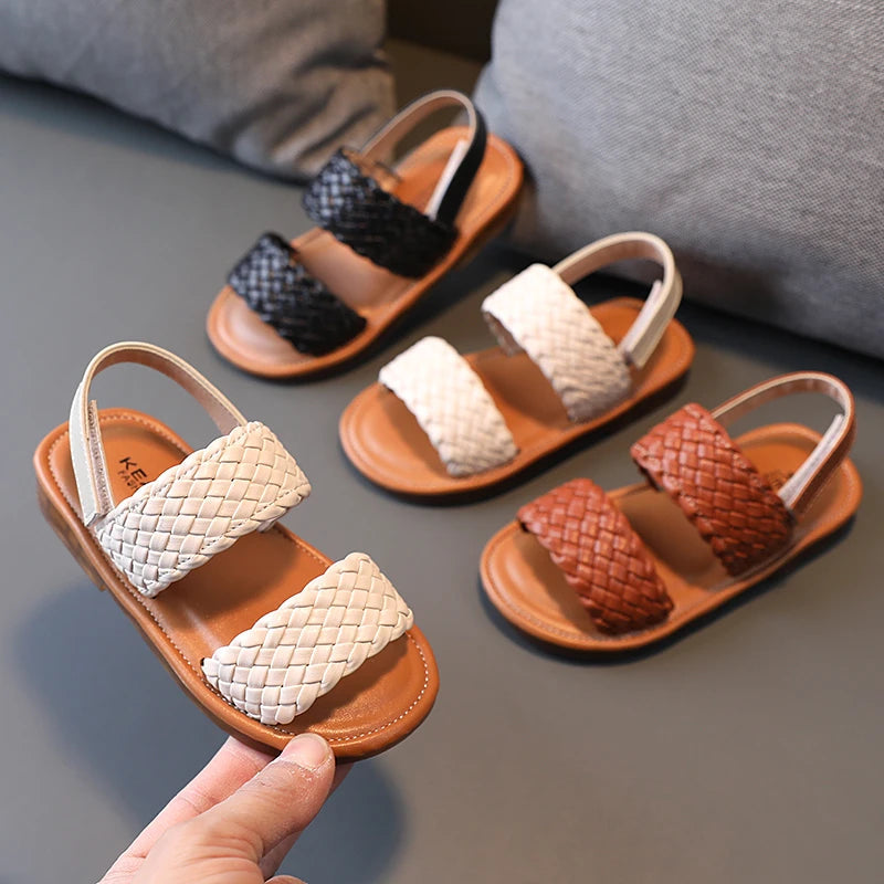 Girl Sandals Braided Open Toe Fashion Vacation Summer Children Flat Shoes Solid Color Comfy Outdoor Anti-Slip Kids Sliders