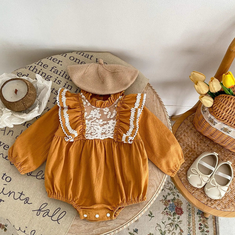 Spring and Autumn Baby Clothing 0-3 Year Old Girl Fashion Mustard Yellow Flying Collar Long Sleeved Sweetheart Jumpsuit