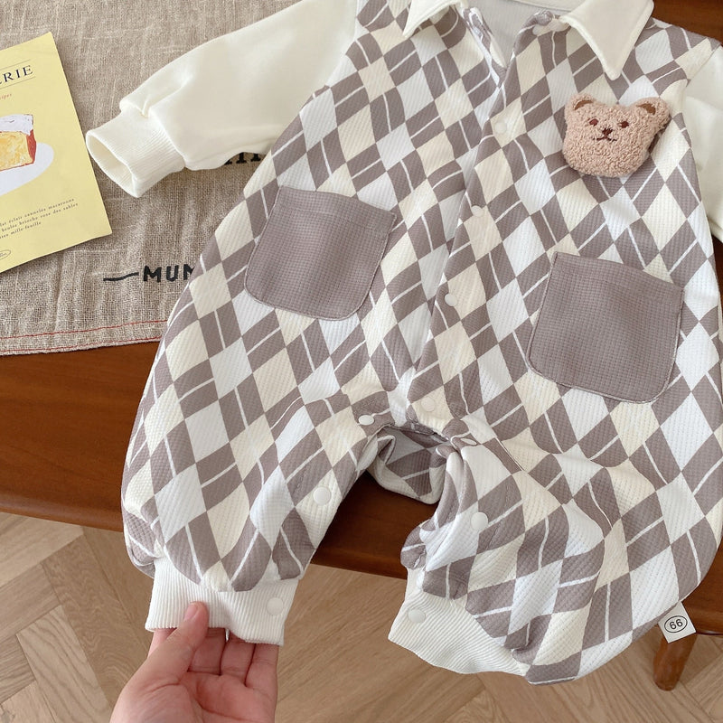 2023 Autumn New in Infant Baby Boys Full Sleeve Plaid Bear Single-Breasted Outwear Newborn Kids Jumpsuits Toddler Romper 0-24M