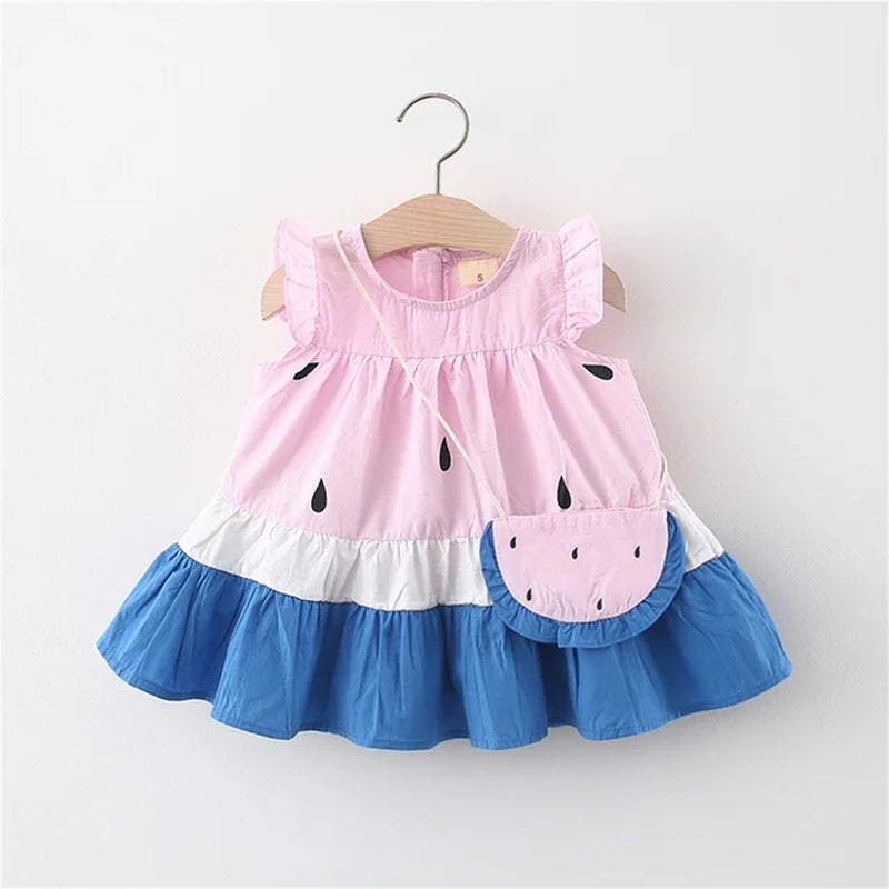 Summer Baby Girl'S Dress Cute Little Watermelon Print Flying Sleeves Knee-Length Daily Dress with Bag