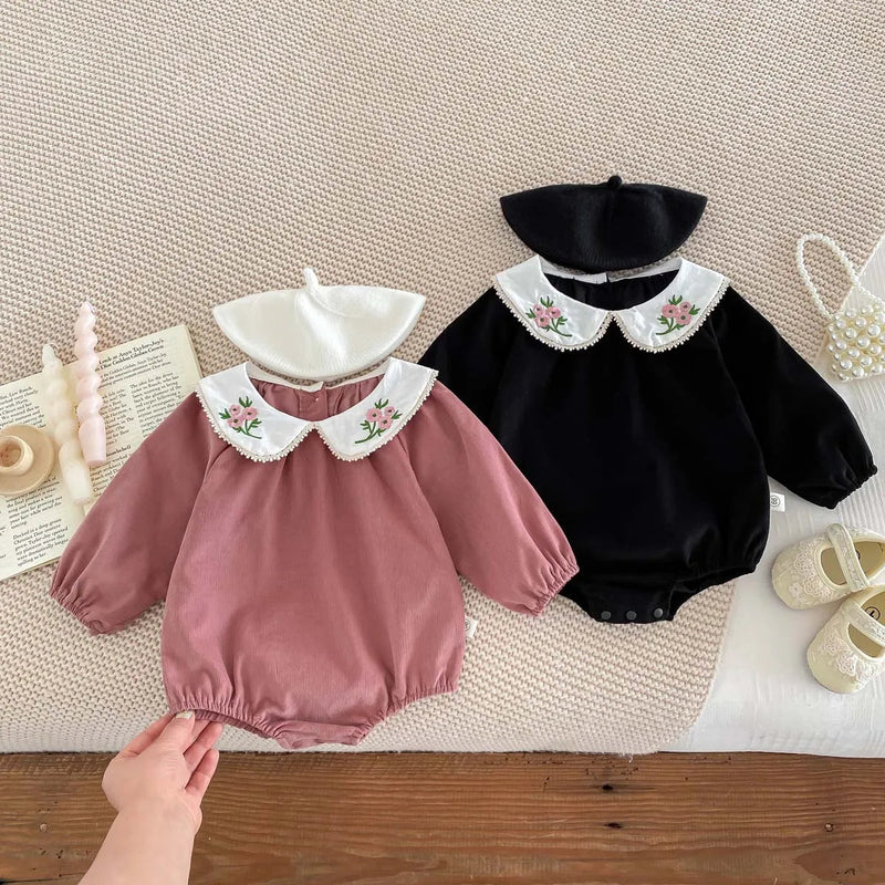 Autumn Infant Bodysuit Newborn Girls Romper Floral Embroidery Lapel Solid Color Long Sleeved Jumpsuit Baby Clothes 0-2 Years Old