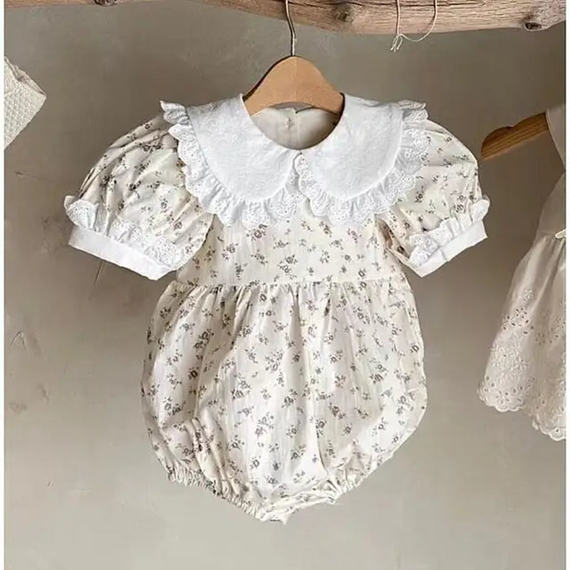 2024 Summer New Baby Girl Short Puff Sleeve Rompers Solid Newborn Clothes Girls Jumpsuit Square Neck Embroidery Bubble Romper