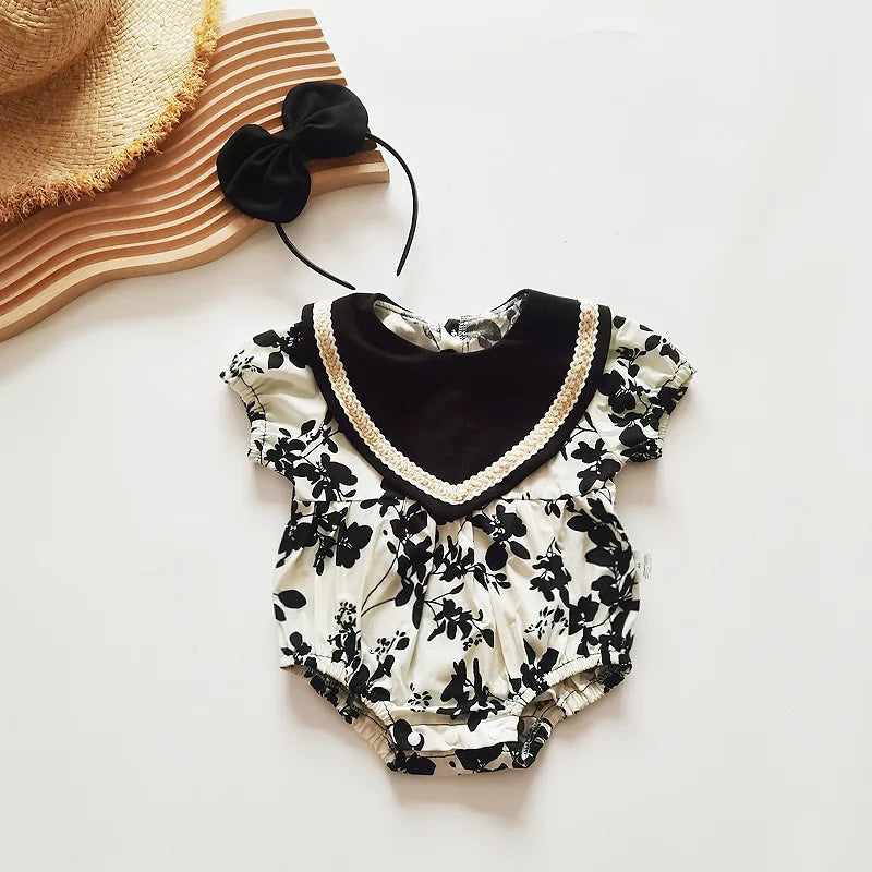 New Summer Family Matching Outfits Short Puff Sleeves Bodysuit+Print round Collar Princess Dress Twins Girl Thin Clothes H2022