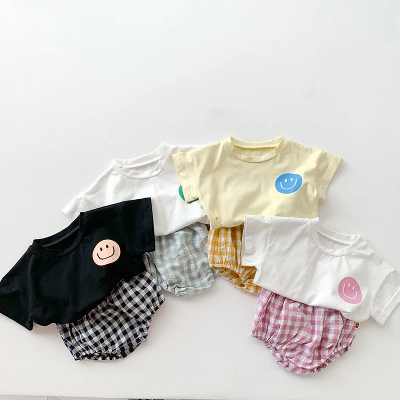 Girls Boys Cotton Smile Face Short Sleeve T-Shirt + Plaid Shorts Two-Pieces Suit Summer Baby Clothes Set