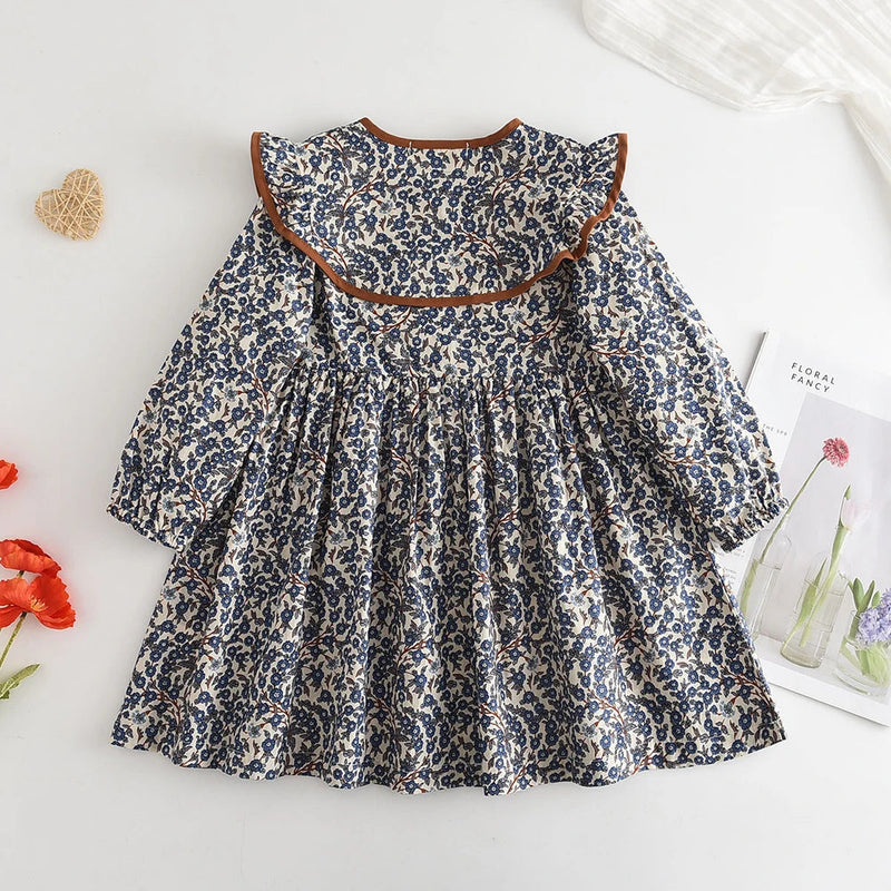 Autumn Spring New Girls' Dress Fashion Cute Doll Neck Flower Print Dress Children'S Girls Long Sleeve Princess Dress