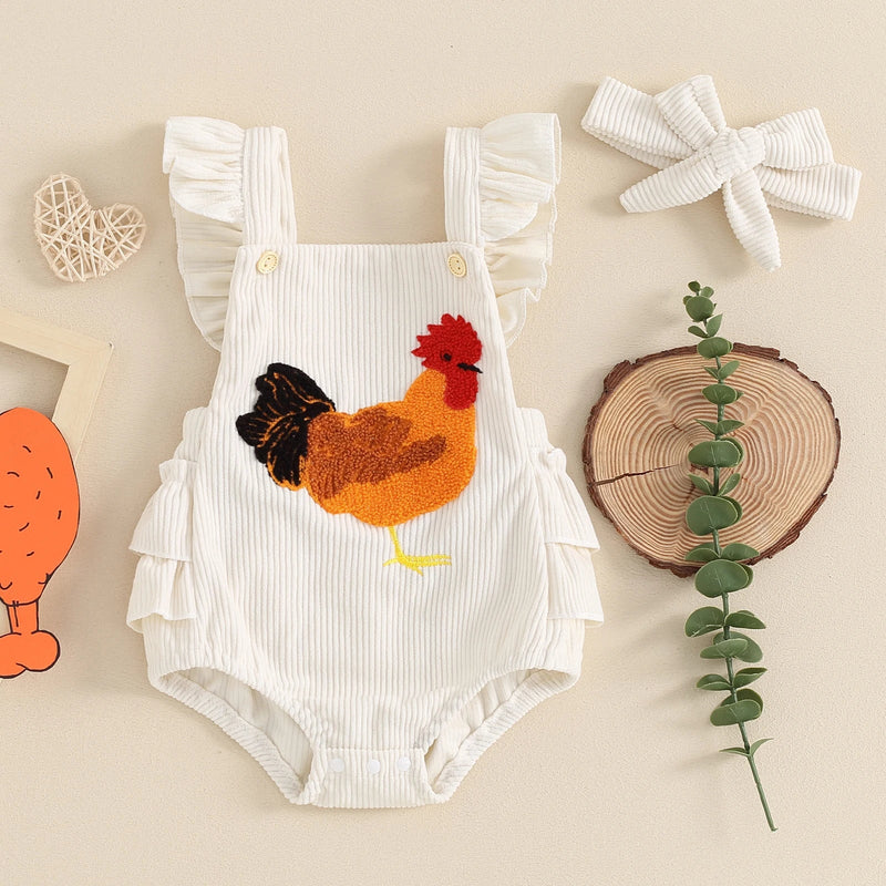 0-12M Lovely Baby Girls Boys Rompers Fuzzy Chicken Embroidery Ruffles Fly Sleeve Backess Jumpsuits with Headband