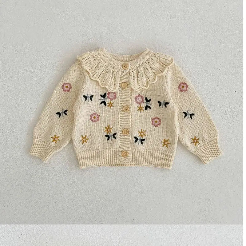 Children'S Cute Knitted Sweater Baby Girl'S Spring Autumn Flower Embroidery Lace Collar Single Breasted O-Neck Cardigan