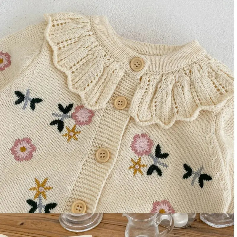 Children'S Cute Knitted Sweater Baby Girl'S Spring Autumn Flower Embroidery Lace Collar Single Breasted O-Neck Cardigan