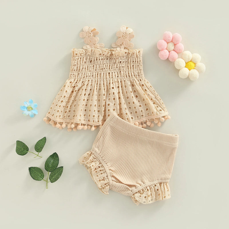 Toddler Baby Girls Summer Outfit Solid Color Cutout Pleated Tank Tops and Stretch Casual Ruffle Shorts 2Pcs Set