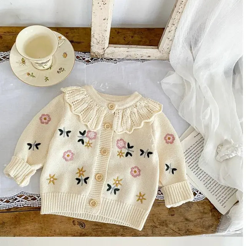 Children'S Cute Knitted Sweater Baby Girl'S Spring Autumn Flower Embroidery Lace Collar Single Breasted O-Neck Cardigan