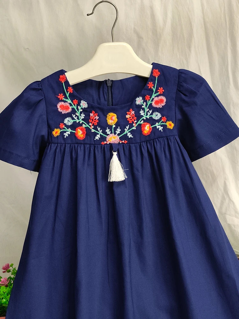 Toddler Girls Short Sleeve Flowers Embroidered Cotton Casual Princess Dress for Party Kids Summer Clothes