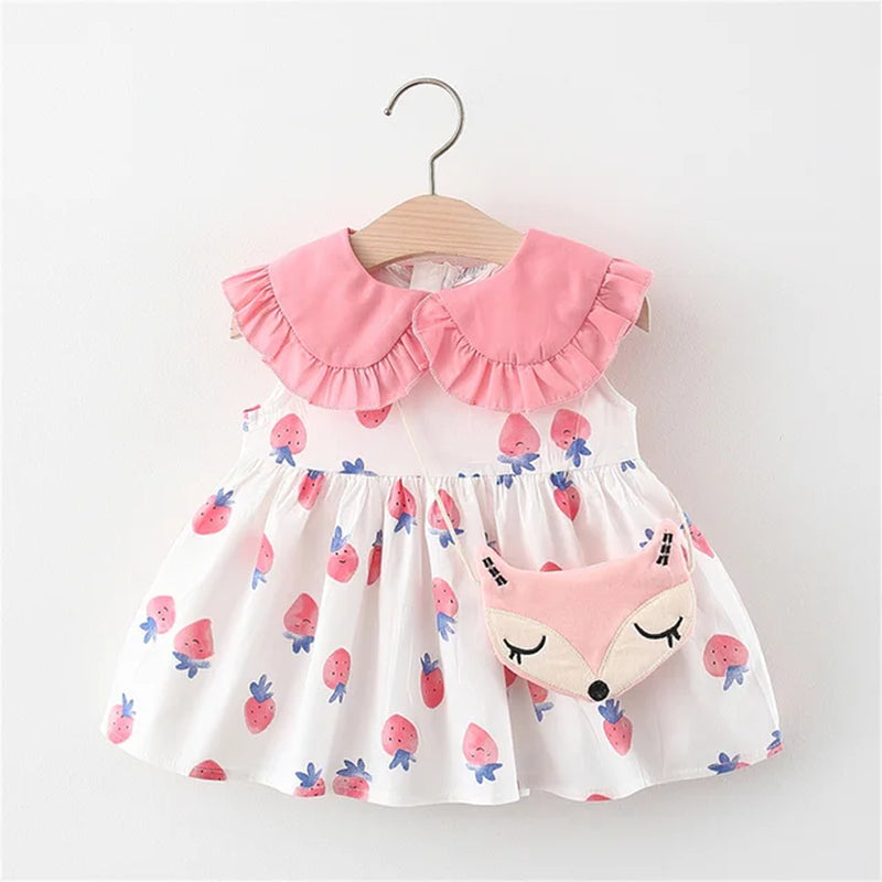 Summer Baby Cute Dress 2 Piece Set Girls' Printed Sleeveless Skirt+Cartoon Bag Toddler Comfortable Cotton Loose Fitting Clothes