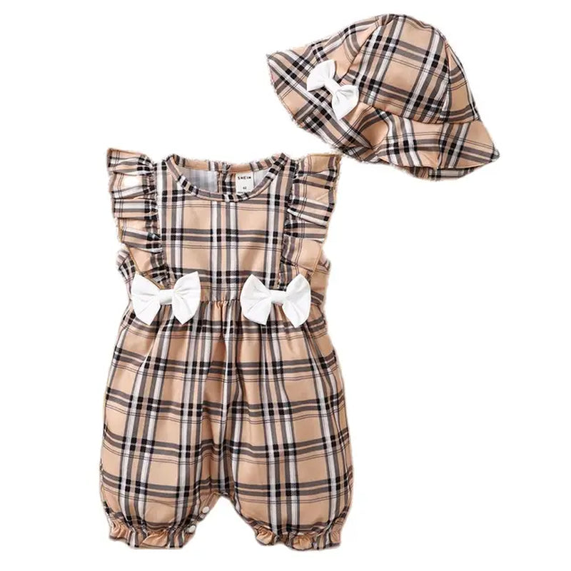 0-18Months Newborn Baby Girl Clothes Cute Plaid Design Summer Romper +Hat 2Pcs Suit Fashion Holiday Clothing for Toddler Girl