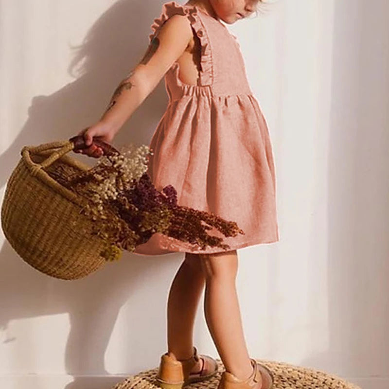 Girl Summer Lovely Dress 0-6Y Toddler Ruffle Sleeve Linen Cotton A-Line Party Dresses for Children Solid Casual Clothing