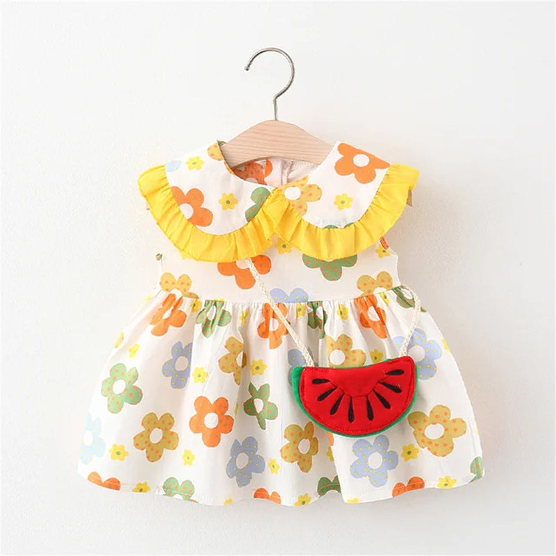 Summer Baby Cute Dress 2 Piece Set Girls' Printed Sleeveless Skirt+Cartoon Bag Toddler Comfortable Cotton Loose Fitting Clothes