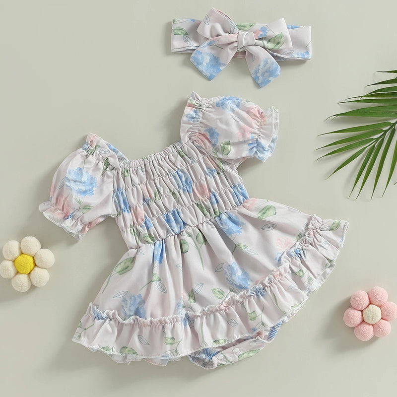 0-24M Summer Baby Girl Romper Newborn Infant Baby Floral Print Ruffle Jumpsuit Playsuit Sunsuit Headband Outfits