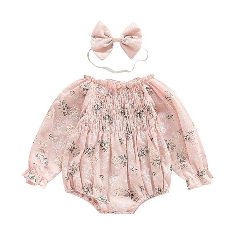 Infant Baby Girls Valentine'S Day Romper Heart Print Long Sleeve Boat Neck Jumpsuits Spring Fall Bodysuits with Headband