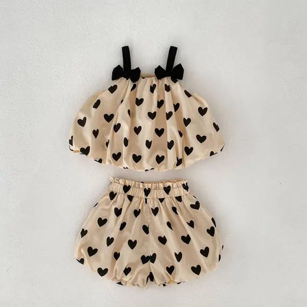 INS Summer Baby Cotton Sleeveless Bow Heart Double Layer Apricot Strap Top+Love Pants 2 Piece Set for Girls, Versatile